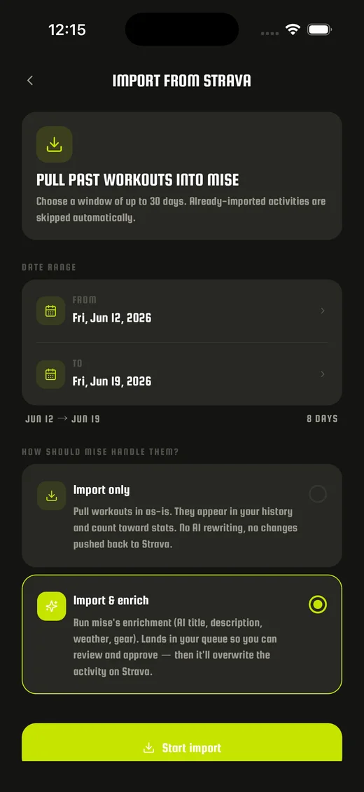 Import from Strava screen