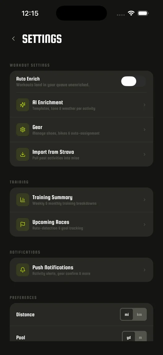 mise settings screen